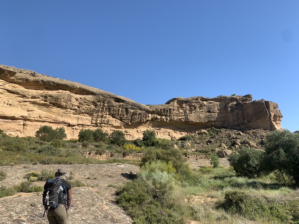 Geologist in a black t-shirt and dark tan sun hat observes red-tan and dark brown rock outcrop of the Huesca fluvial fan system, Spain